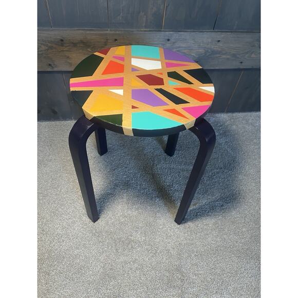 Hand painted Side Table Multicolor Navy Blue Legs Gold Geometric Unique Colorful - Picture 1 of 11